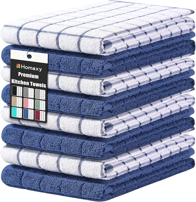 Homaxy Large Premium Cotton Kitchen Towels 16"x 28", 8 Pack, Navy Blue | Natural Ring Spun 390 GSM Dish Towels, Super Absorbent Terry Kitchen Hand Towels, Soft Tea Towels with Hanging Loop by Homaxy
