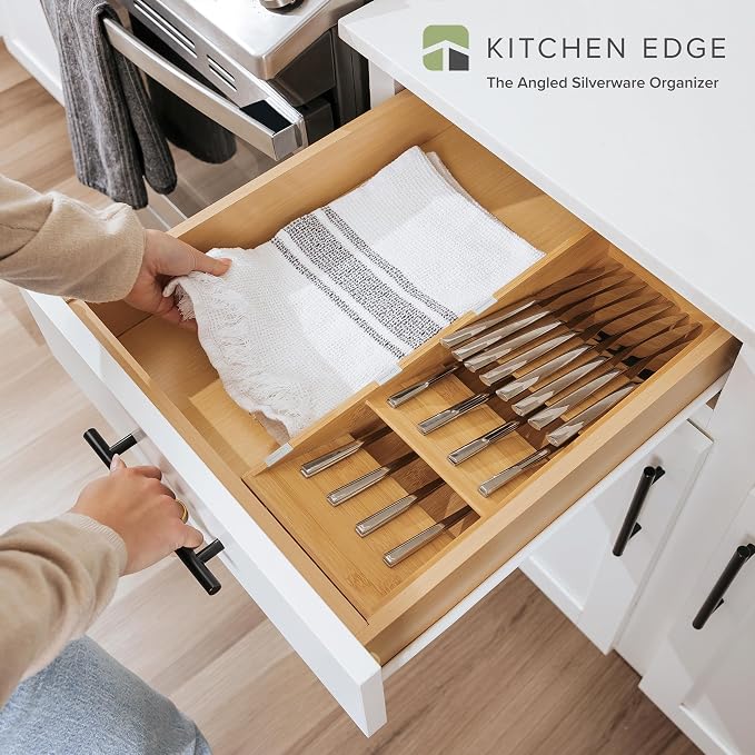 Slanted Cutlery & Flatware Organizer, Bamboo | 3-compartment slanted design, labeled slots, non-slip feet, sustainable bamboo - Image 2
