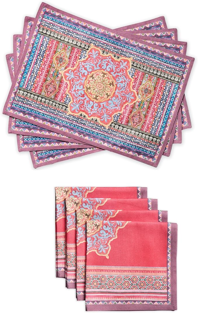 Maison d' Hermine Ispahan Bundle Set 100% Cotton Set of 4 Napkins (20 Inch by 20 Inch) and Set of 4 Place Mats (13 Inch by 19 Inch) by MaisondHermine