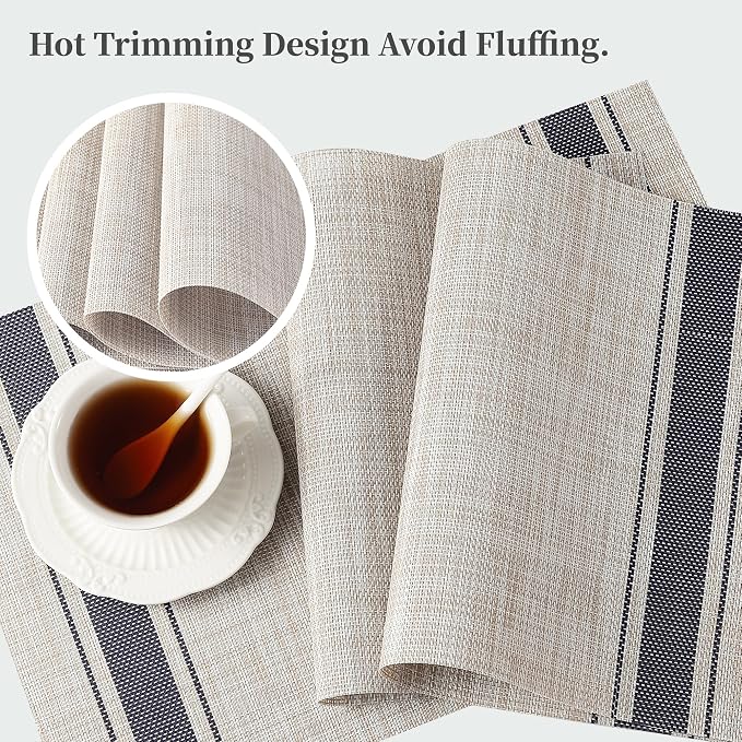 Leetaltree Khaki-Blue Placemats, Heat Resistant Non-Slip Place mats for Dining Table, Washable Durable PVC Vinyl Woven Table Mats (Set of 12) - Image 4