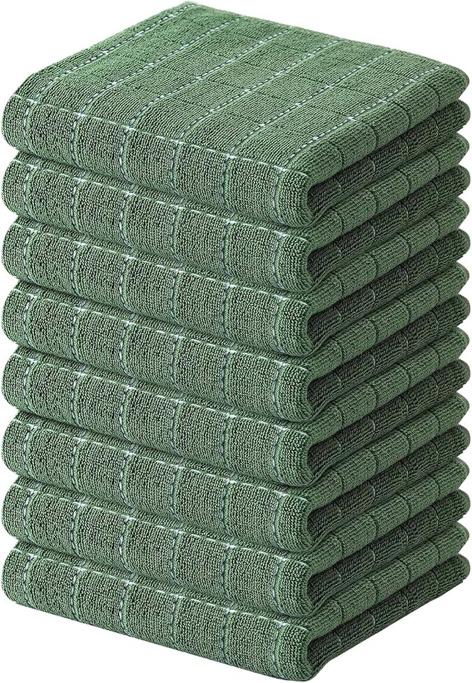 Kitinjoy 100% Cotton Terry Kitchen Towels, 13”x 28”, 8-Pack, Grass Green | Checkered Designed, Ultra Soft Absorbent Quick Drying Dish Towels by Kitinjoy
