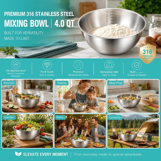 Stainless Steel Mixing Bowls Set of 3, 1.5/2.5/4 Qt Metal Mixing Bowl Set for Baking, Salad, Cooking & Meal Prep, Nesting Stainless Steel Bowls with Measurement Marks, Dishwasher Safe - Image 7