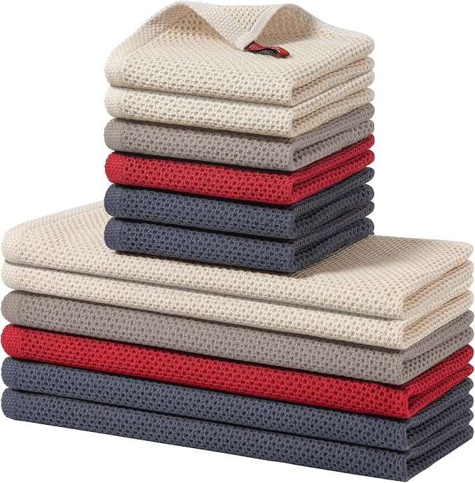 Homaxy 12 Pack 100% Cotton Kitchen Towels and Dishcloths Set, Mixed Color | 12 x 12 Inches and 13 x 28 Inches Kitchen Towels Set, Ultra Soft Absorbent Dish Cloths for Washing Dishes by Homaxy