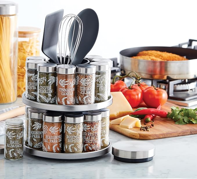Kamenstein Salem 20-Jar Rotating Spice Rack with Spices Included, Stainless Steel Countertop Organizer with Sifter Caps and Tool Caddy, Spice Set for Kitchen Organization - Image 7