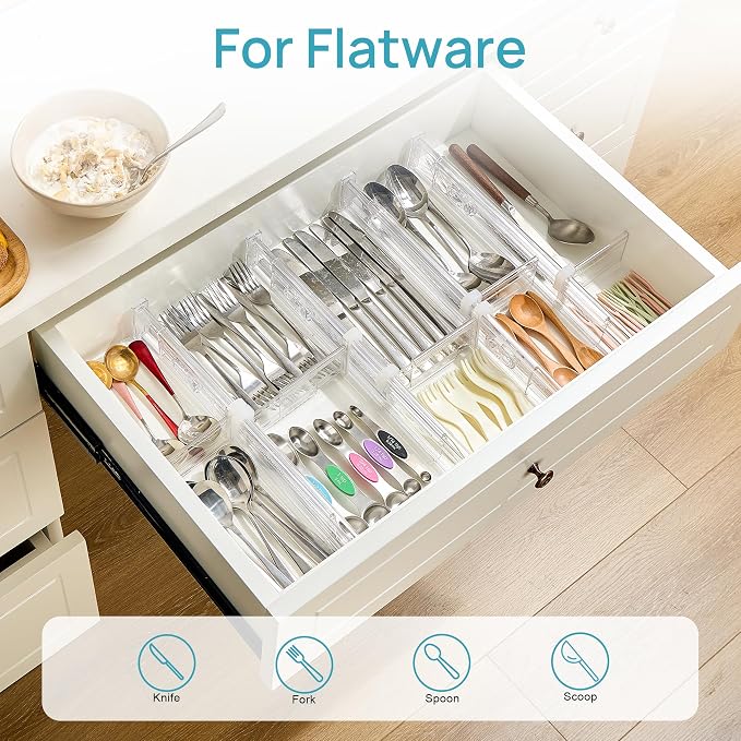 Vtopmart 2.36” Drawer Dividers with Expandable Inserts, 12.8"-22.3" Adjustable Kitchen Drawer Organizer, Clear Plastic Organizer Separator for Flatware, Utensil, Cutlery, 8 Dividers with 14 Inserts - Image 5