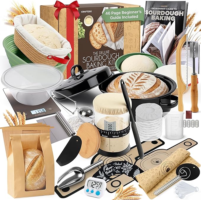 Super All-Inclusive  Sourdough Starter Kit with Pot - Sourdough Bread Baking Supplies, Scale, Oval & Round Baking Slings, 4 proofing Baskets, Bowl, Timer, Beginner Guide Recipes by CraftZee