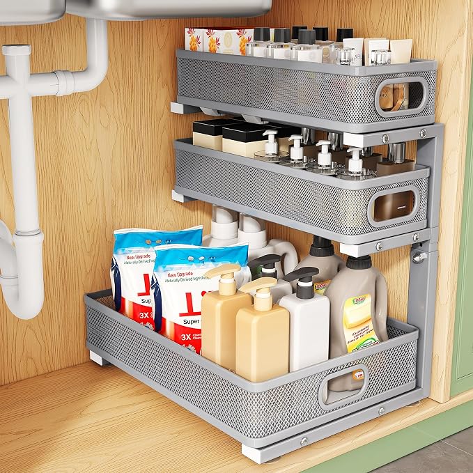 Kitstorack Under Sink Organizer, 1-Pack 3-Tier Height Adjustable Thickened Metal Pull out Cabinet Organizer Shelf, Slide out Storage Drawer Rack for Bathroom Kitchen Pantry Home Organization, Grey by Kitstorack