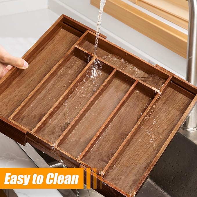 Acacia Silverware Organizer Kitchen Drawer Organizer Expandable Bamboo Utensil Holder Cutlery Tray for Kitchen Utensil and Flatware Bedroom Office - Image 6