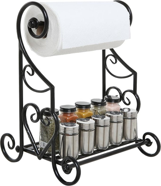 MyGift Gothic Paper Towel Holder Heart Scroll Metal Paper Towel Holder Stand with Slatted Condiment Shelf Rack, Black Decorative Kitchen Decor Accessories by MyGiftHome