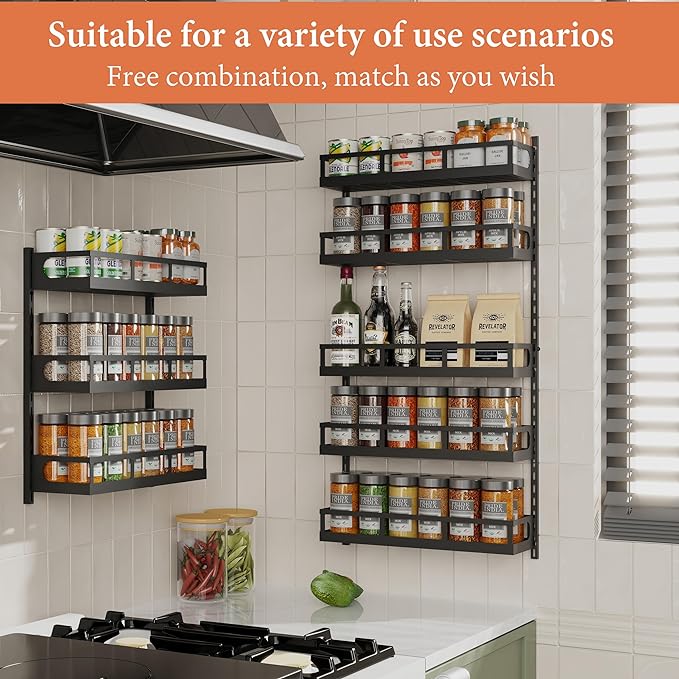 X-cosrack Wall Mount Spice Rack Organizer 5 Tier Height-Adjustable Hanging Spice Shelf Storage for Kitchen Pantry Cabinet, Dual-Use Seasoning Holder Rack with Hooks, Black-Patented - Image 3