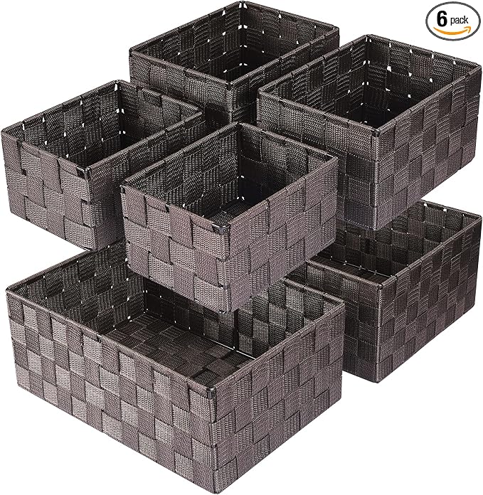 Storage Baskets with Lids: 6 Pack Stackable Woven Storage Bins, Brown | Decorative Woven Baskets for Organizing with Built-In Handles for Shelves, Closets, Cabinets and Cubbies, Gift Small Basket by Uvellgift