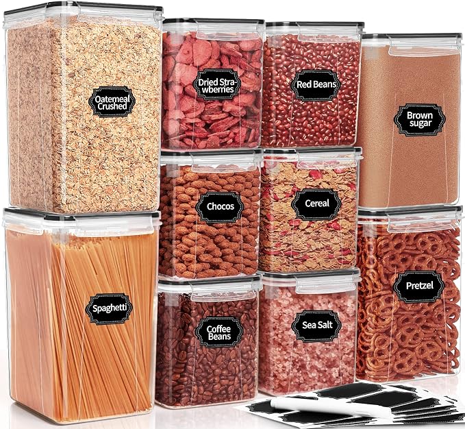 PRAKI 10 PCS Flour Sugar Storage Containers for Organizers and Storage | BPA Free, Airtight Food Storage Containers with Lids for Sugar, Flour, Baking Supplies, Versatile Kitchen Containers, Black by PRAKI