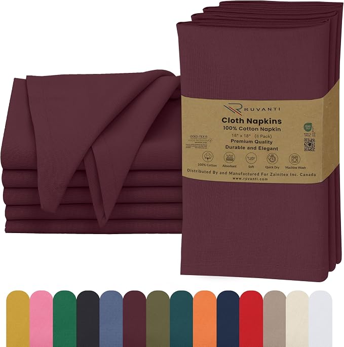 Ruvanti Cloth Napkins Set of 6, 18x18 Inches, 100% Cotton, Washable, Soft & Absorbent, Perfect for Wedding, Christmas, ‎Thanksgiving Dinners - Burgundy by Ruvanti