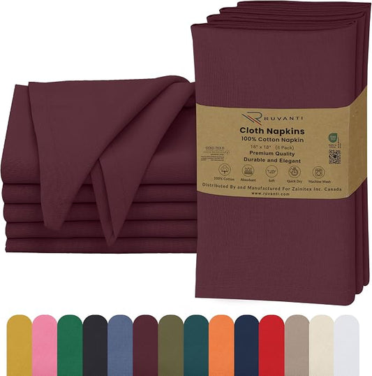 Ruvanti Cloth Napkins Set of 6, 18x18 Inches, 100% Cotton, Washable, Soft & Absorbent, Perfect for Wedding, Christmas, ‎Thanksgiving Dinners - Burgundy by Ruvanti