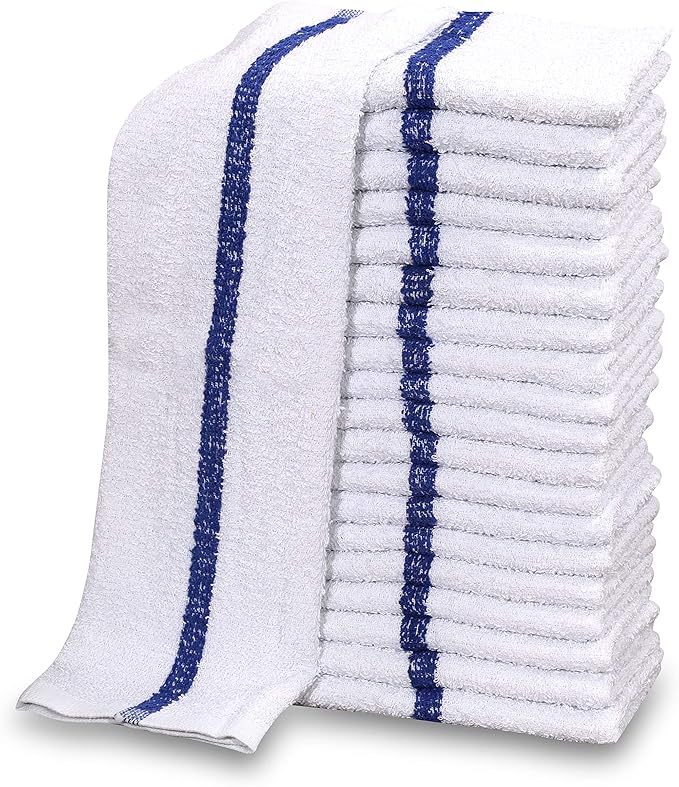 12 PC New Cotton Blend White Restaurant Bar Mops Kitchen Towels 28oz (1 Dozen) (12, Blue Stripe) by GOLDTEXTILES