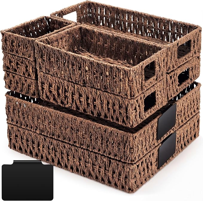 Marsui 9 Pcs Paper Rope Storage Baskets with Handle Labels Handwoven Multi-size Brown Storage Bins for Organizing Small Baskets Container for Shelves Closet Pantry Toilet by Marsui