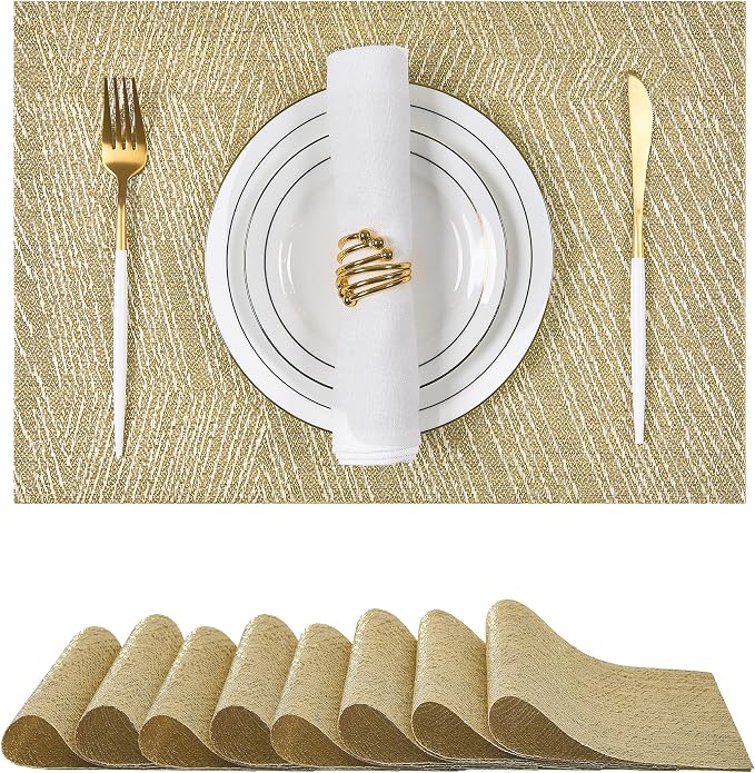 Leetaltree Gold Placemats Set of 8 - Heat Resistant Non-Slip Place mats for Dining Table, Washable Durable PVC Vinyl Woven Table Mats(Luxury Gold, 8) by Leetaltree-ArtatEveryTable