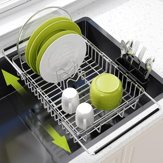 JASIWAY Expandable Dish Drying Rack Over the Sink with Utensil Holder | Stainless Steel Adjustable Dish Driainers for Small Kitchen, Counter Space Saving, Fast Drain, Rustproof, For Apartment, RV by JASIWAY