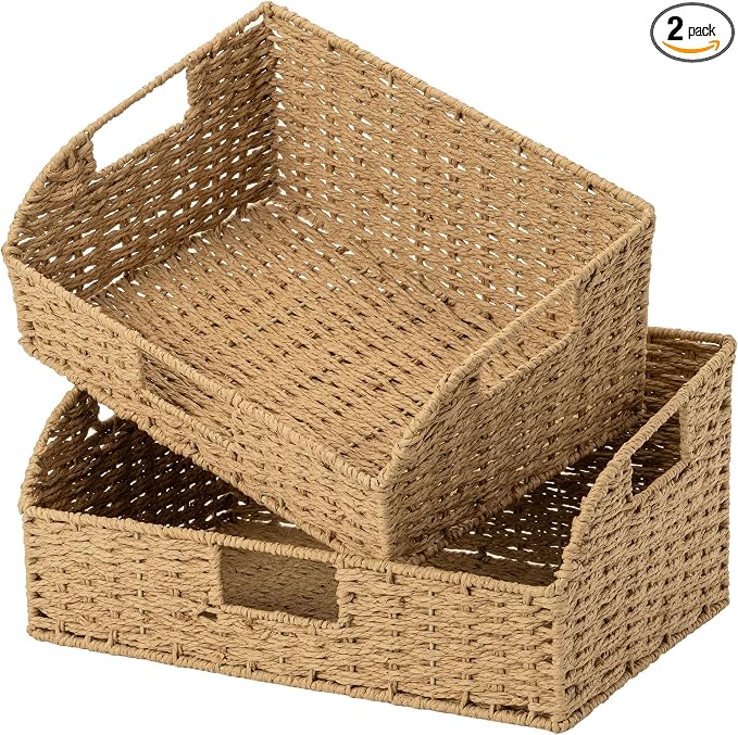 StorageWorks Pantry Baskets for Organizing,Wicker Basket for Storage,2-Pack | Paper Rope Wicker Storage Baskets for Shelves with Handles, Pantry Organizers and Storage, Shelf Baskets for Organizing by StorageWorks