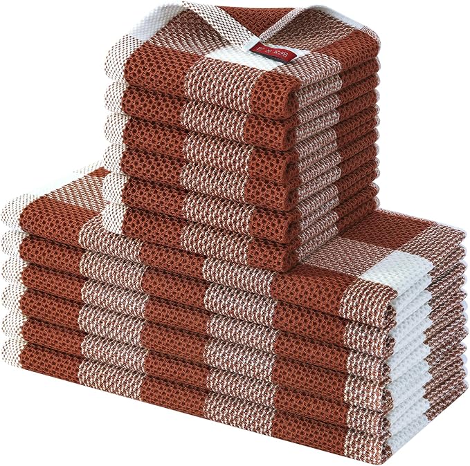 Homaxy Kitchen Towels and Dishcloths Set, Set of 12, White & Rust | Bulk Cotton Waffle Weave Check Plaid Kitchen Towels, Super Soft and Absorbent Dish Cloths, 12 x 12 and 13 x 28 Inches by Homaxy