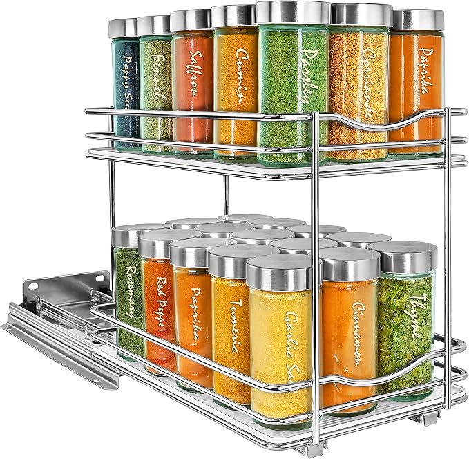 LYNK PROFESSIONAL® Pull Out Spice Organization for Cabinets - 6-3/8 inch Wide – Spice Rack for Inside Cabinets, Slide Out Spice Rack Organizer for cabinet – Pull Out Spice Rack, Sliding 2 Tier Chrome by LYNKPROFESSIONAL