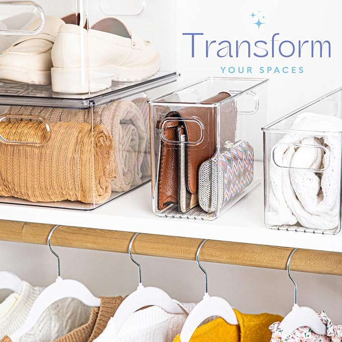 Plastic Food Storage 6 Pack Clear Container Bin with Handles for Organizing Kitchen, Pantry, Refrigerator, Freezer, Pantry, Cabinet, Closet, Bathroom. 10”x4”x6” - Image 5