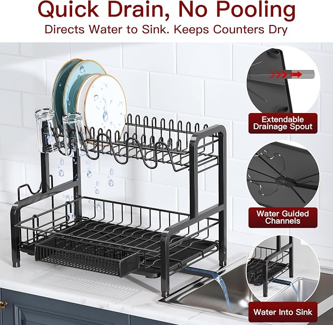 2 Tier Black Stainless Steel Dish Drying Rack for Kitchen Counter | Large Capacity Dish Drainer with Drainboard, Cup & Utensil Holder, Space Saving Rustproof Metal Plate Rack, Fast Drain - Image 2
