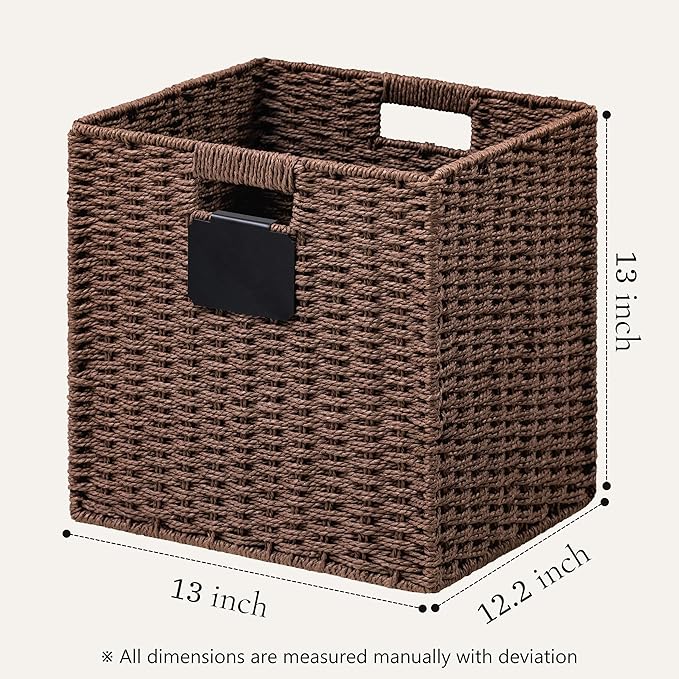 UBBCARE 2 Pack Wicker Basket, 13×13 Storage Cubes with Label, Foldable Cube Storage Bin with Handle, Square Storage Basket for Shelves, Woven Paper Rope Basket for Organizing, Brown - Image 2