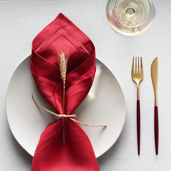 Red Linen Napkins 20 x 20 inch - 100% Linen Double Hemstitch Dinner Napkins Set of 4 - Cloth Napkins Washable Perfect for Summer, Father's Day, 4th of July - Image 3