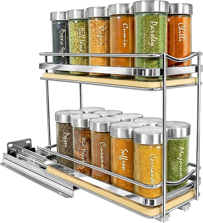 LYNK PROFESSIONAL® Élite™ Pull Out Spice Organization for Cabinets - 4-3/8 inch Wide – Spice Rack for Inside Cabinets – Wood/Chrome - Sliding Spice Rack Organizer for cabinet – Spice Rack - 2 Tier - Image 8