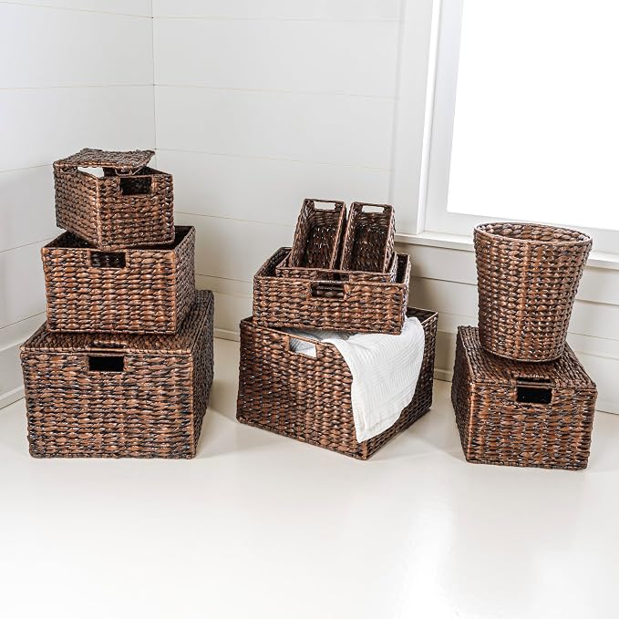 happimess Traditional 10-Piece Hyacinth Wicker Baskets, Dark Brown Wash | Hand-Woven Iron Frame Storage, Lidded Trunk, Trash Bin, Southwestern Style, Living Room Bedroom Decor - Image 2