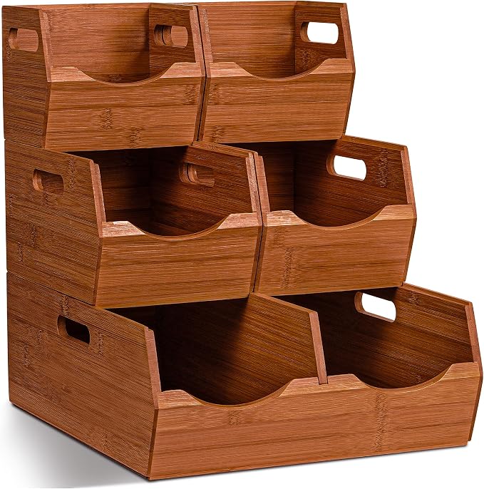 3-tier Stackable Bamboo Pantry Storage Bins, Potato & Onion Storage Baskets | Upgraded Storage Basket with Handles, Removable Divider, Pantry Organizer Holder for Kitchen, Cabinet, Fruit Storage (Walnut) by BEWBOW