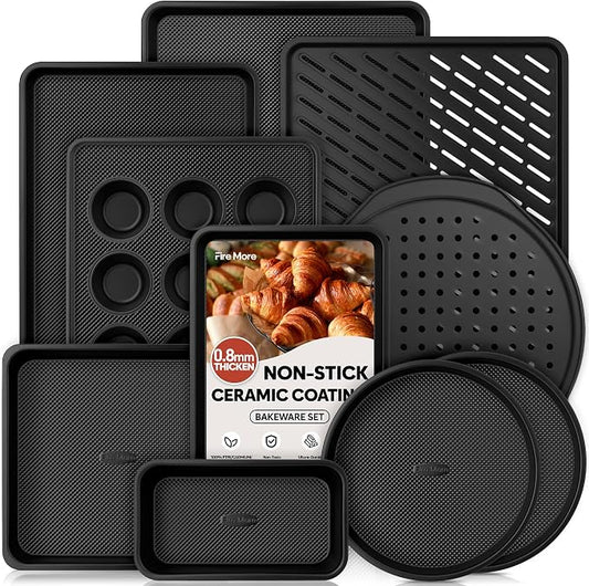 10-Piece Nonstick Bakeware Set, 0.8MM Thick Carbon Steel Baking Pan Set for Oven with Cookie Sheet, Muffin Pan, Pizza Pan, Loaf Pan and Cooling Rack, Stackable Kitchen Baking Set, PFOA/PTFE Free by FireMore