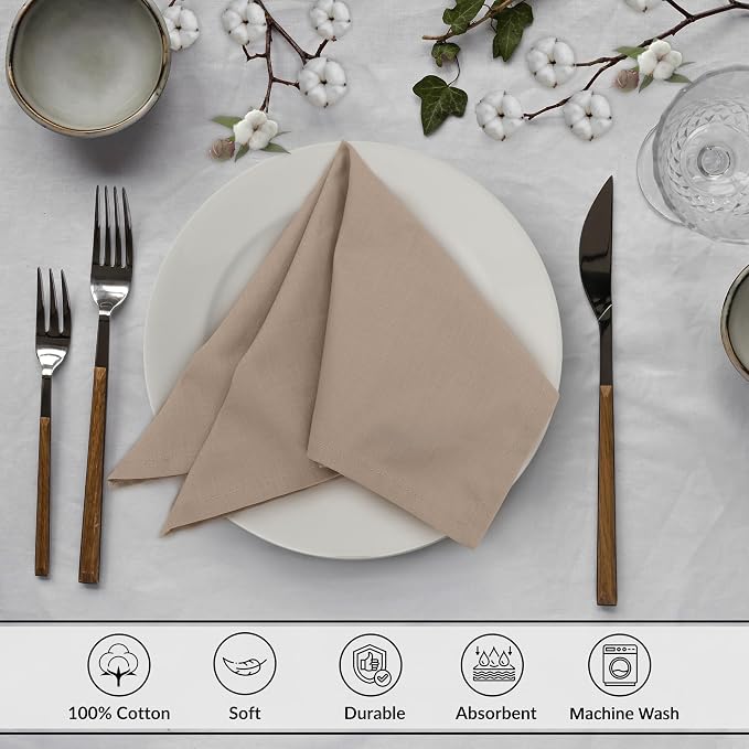 Ruvanti Cloth Napkins Set of 12, 18x18 Inches, 100% Cotton, Washable, Soft & Absorbent, Perfect for Wedding, Christmas, ‎Thanksgiving Dinners - Light Taupe - Image 3