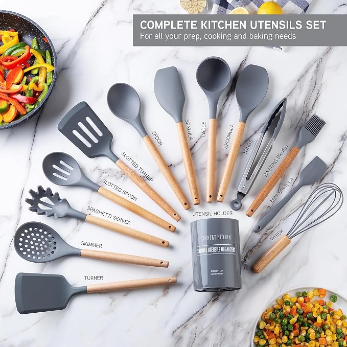 Country Kitchen Non Stick Silicone Utensil Set with Rounded Wood Handles for Cooking and Baking, 14 Piece Set, Gray - Image 2