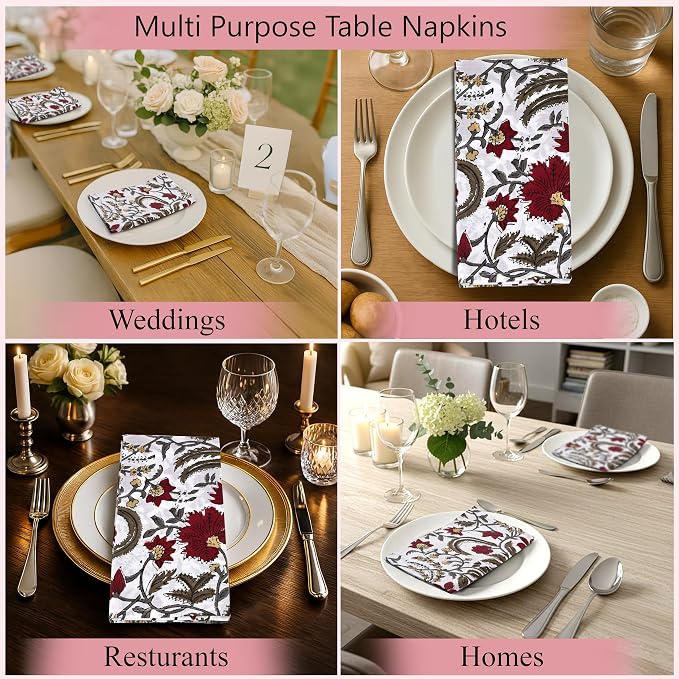 Prune Red Hand Block Print 100% Cotton Napkins 18" x 18" (Set of 4) Reuseable Kitchen Napkins Cloth Decor Dinner Party Wedding Cocktail Gift for Spring, Easter, Summer - Image 9