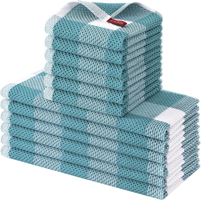 Homaxy Kitchen Towels and Dishcloths Set, Set of 12, White & Lake Blue | Bulk Cotton Waffle Weave Check Plaid Kitchen Towels, Super Soft and Absorbent Dish Cloths, 12 x 12 and 13 x 28 Inches by Homaxy