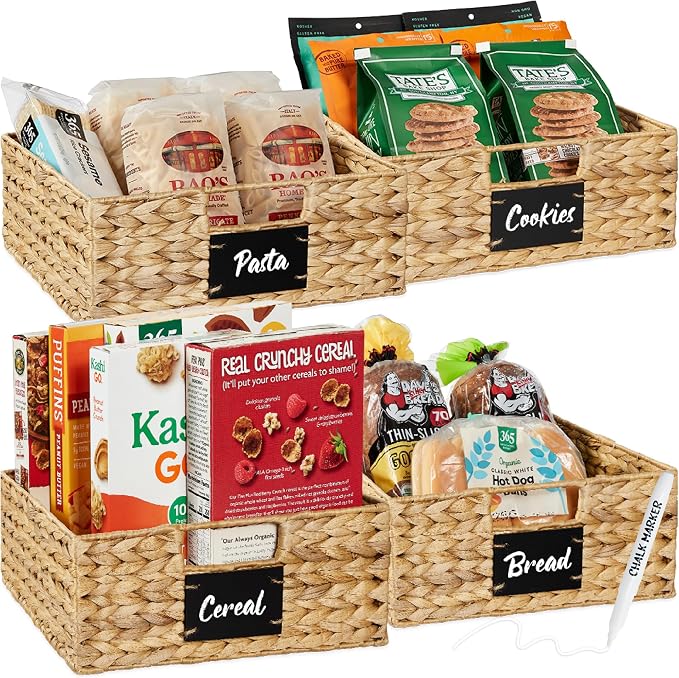 Best Choice Products Set of 4 13x12in Water Hyacinth Pantry Baskets, Woven Organizers w/Chalkboard Label, Chalk Marker - Natural by Unknown