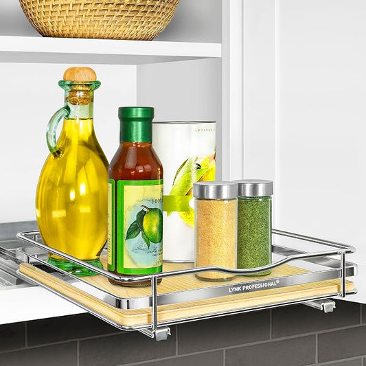 LYNK PROFESSIONAL® Élite™ Pull Out Spice Organization for Cabinets - 10-3/8 inch Wide – Spice Rack for Inside Cabinets – Wood/Chrome - Sliding Spice Rack Organizer for cabinet – Spice Rack - 1 Tier by LYNKPROFESSIONAL