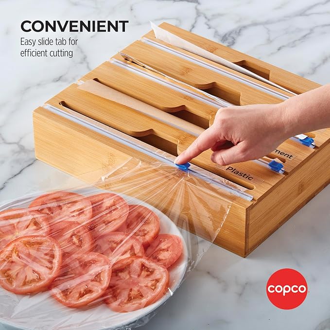 Copco In Drawer or Mounted 4 Compartment Organizer for Plastic, Foil, Wax and Parchment Paper featuring Easy Slide Tabs for Perfect Cut, With 21 Customizable Labels, Bamboo, 13.3 x 11 x 3 Inch - Image 6