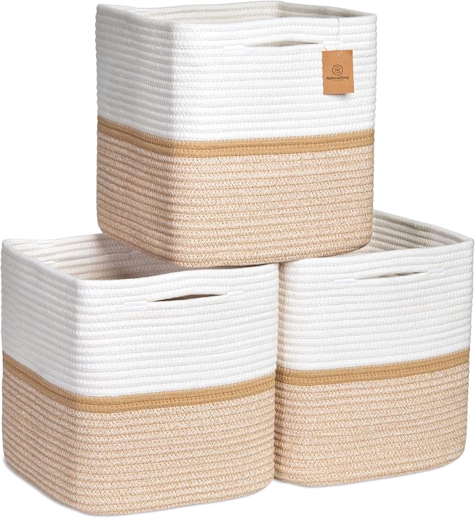 NaturalCozy Storage Cubes 11 Inch Cotton Rope Woven Baskets for Organizing, 3-Pack | Cube Storage Bin | Square Storage Baskets for Shelves Organizer, Classroom, Kids Toy Bins, Closet, Baby Nursery by NaturalCozy