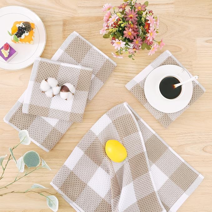 Homaxy Kitchen Towels and Dishcloths Set, Set of 16, White & Khaki | Bulk Cotton Waffle Weave Check Plaid Kitchen Towels, Super Soft and Absorbent Dish Cloths, 12 x 12 and 13 x 28 Inches - Image 2