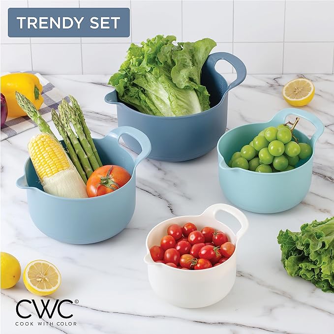 COOK WITH COLOR Nesting Plastic Mixing Bowl Set with Pour Spouts and Handles, Blue, 4 Piece Non-Slip - Image 6
