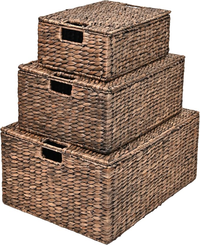 happimess Brooks 3-Piece Woven Hyacinth Storage Basket Set 22", Brown | Classic Farmhouse Style, Rectangular Nesting Wicker Containers, Integrated Handles, Hinged Lids, Iron Metal Frame by Happimess