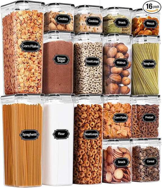 PRAKI Airtight Food Storage Containers Set, 16 Pcs BPA Free Plastic Dry Food Canisters for Kitchen Pantry Organization and Storage Ideal for Cereal, Flour & Sugar - Labels, Marker(Black) by PRAKI