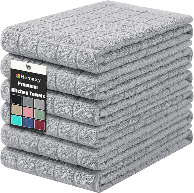 Homaxy Premium Ring Spun Cotton 390 GSM Kitchen Towels, 6 Pack, Light Grey | 16" x 28" Large Dish Towels, Super Absorbent Terry Hand Towels, Soft Tea Towels with Hanging Loops by Homaxy