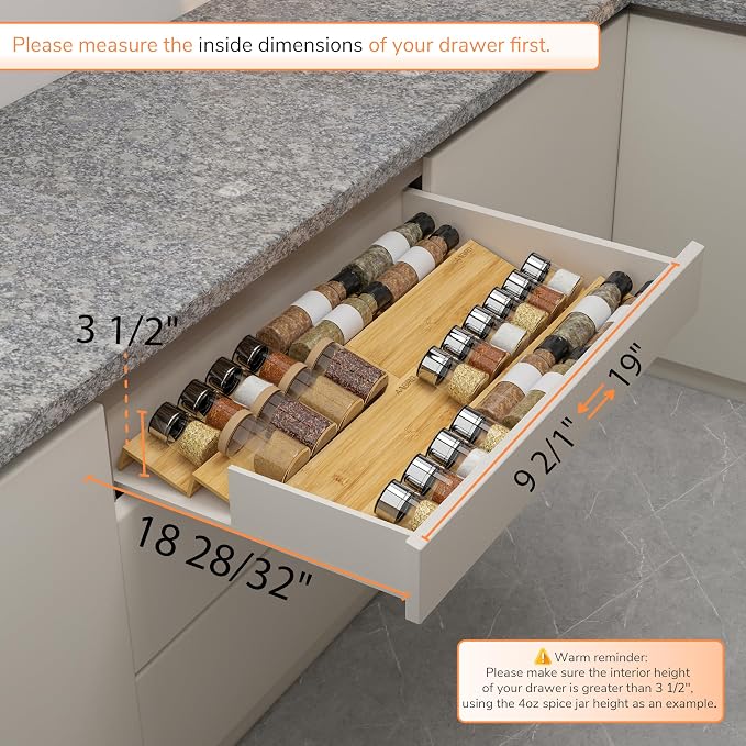 AMBIRD Bamboo Spice Drawer Organizer with Non-slip Mat,4 Tier - 2 Set Jar Spice Rack Tray From 9.5''to 19'', Seasoning Organizer for Kitchen,Cabinet,Drawers,Countertop - Image 4