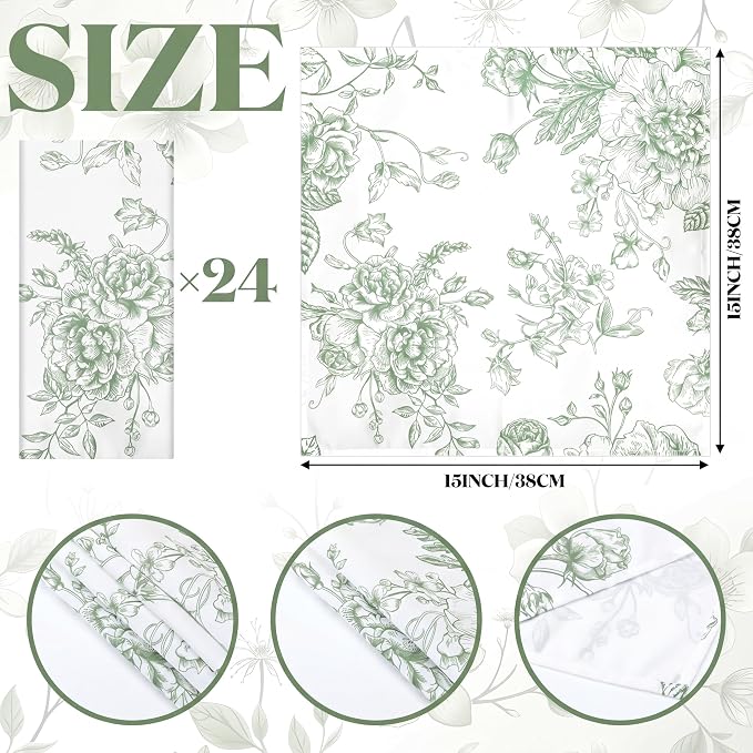 24 Pcs Floral Cloth Napkins 6 Patterns Washable Dinner Tea Party Napkins Reusable Plant Flowers Square Napkin Cotton Towel Decorative for Summer Wildflower Party(Green Floral) - Image 6