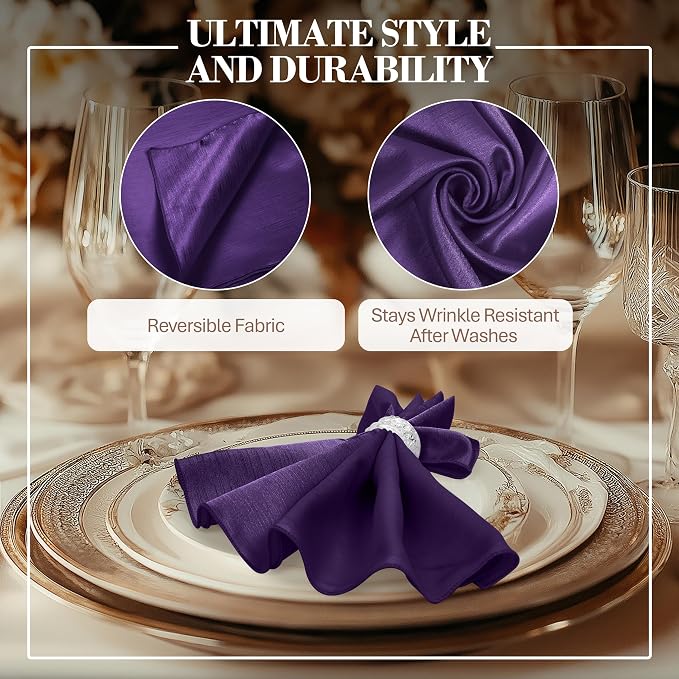 17x17-Inch Shantung Satin Cloth Napkins, Purple, Set of 12 | Bulk Case of 1 Dozen, Square, 100% Polyester Fabric, Reversible, Faux Dupioni Silk Reverse Side, Machine Washable - Image 3
