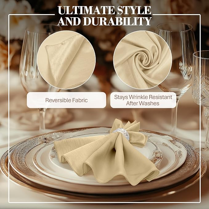 17 x 17-Inch Shantung Satin Cloth Napkins, Tan, Set of 120 | Bulk Case of 10 Dozen, Square, 100% Polyester Fabric, Reversible, Faux Dupioni Silk Reverse Side, Machine Washable, Beige - Image 4